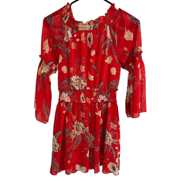 Red Floral Off Shoulder Dress With Smocked Waist Sheer Sleeves Sz Medium - Picture 2 of 11